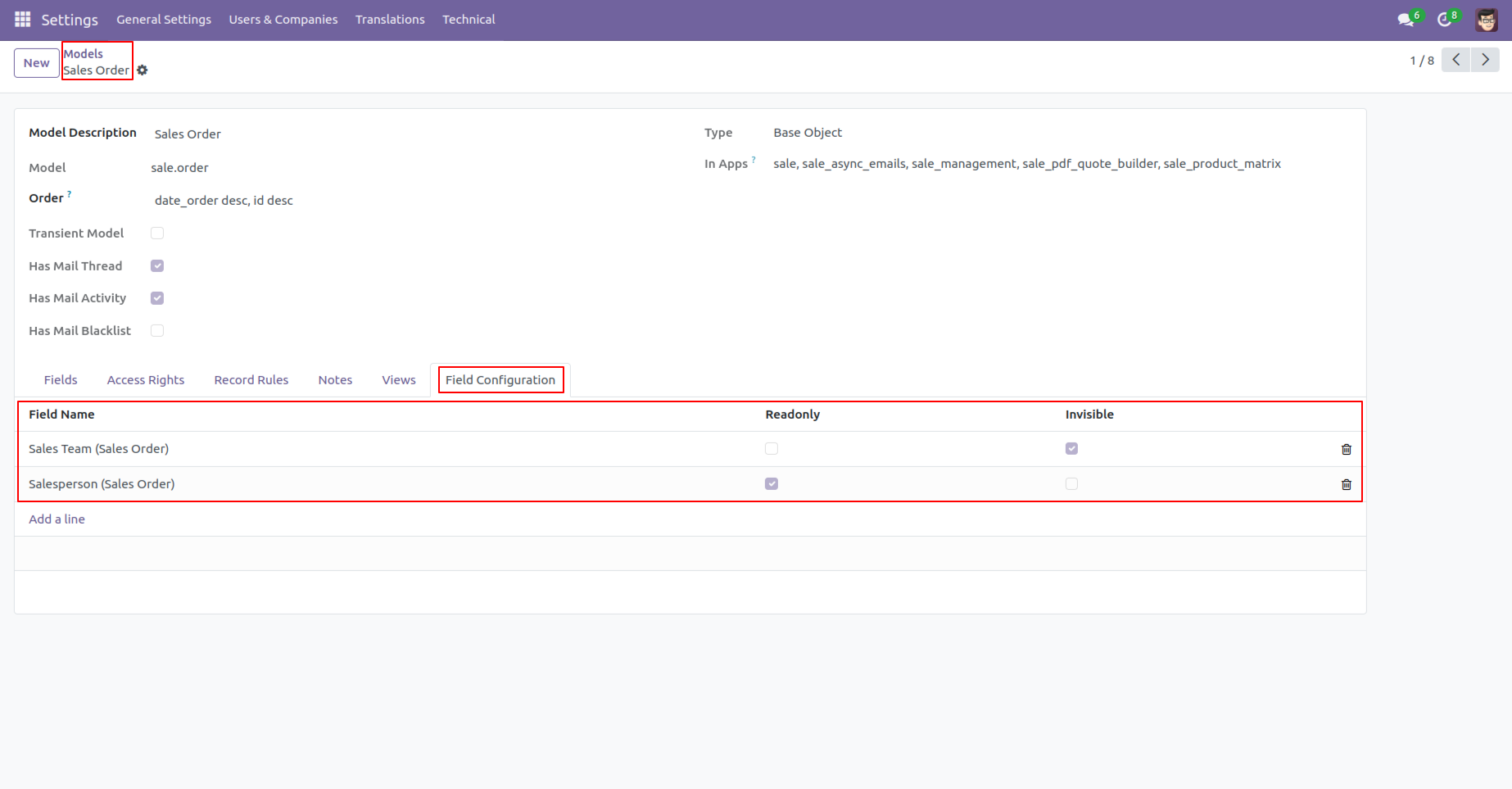 8. In the model's form view, use the "Field Configuration" tab to select fields and apply "Readonly" or "Invisible" attributes. Settings can be group-specific. 