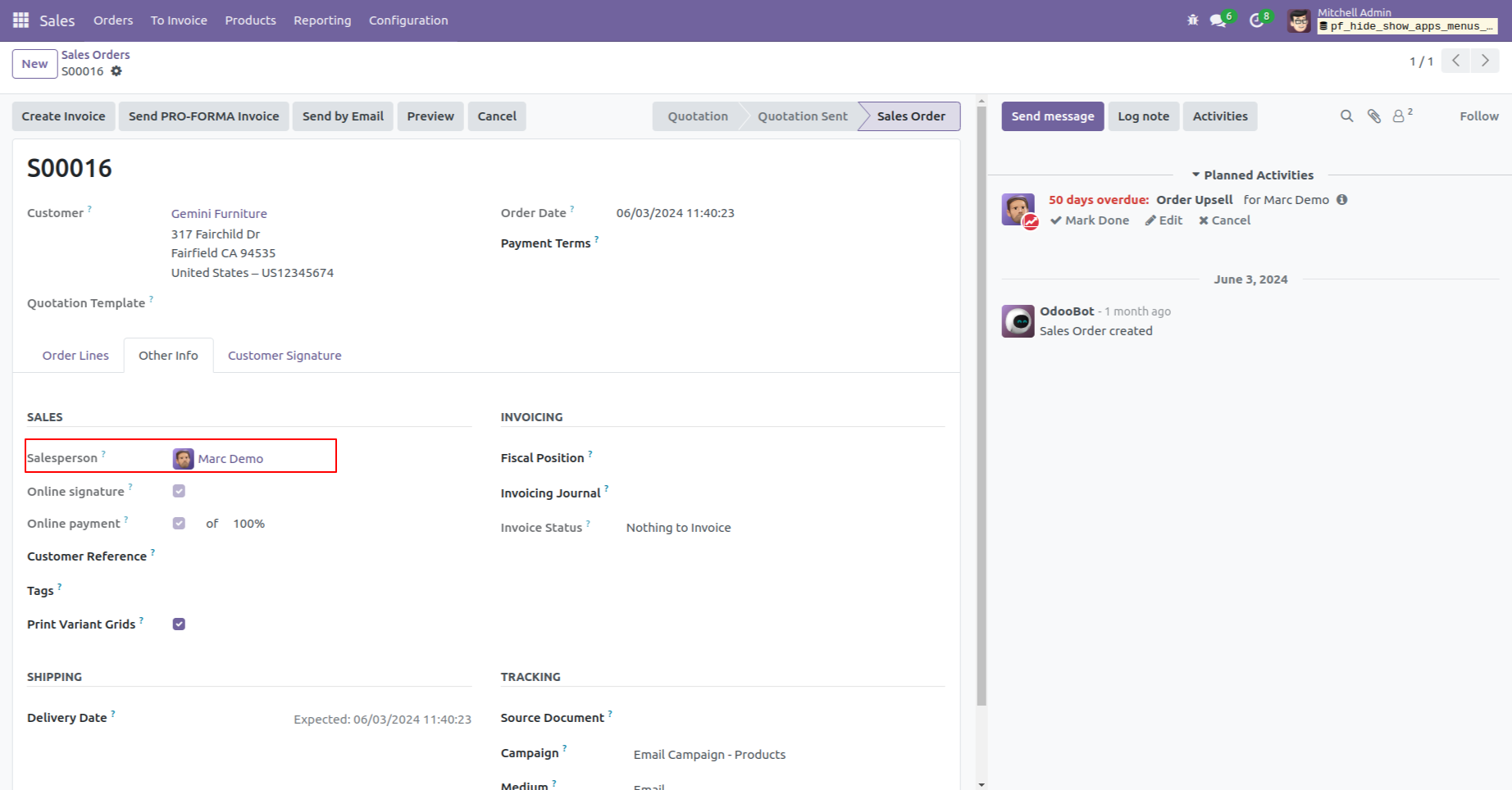 9. Verify that "Sales Team" is invisible and "Sales Person" is readonly, ensuring configurations apply correctly. 