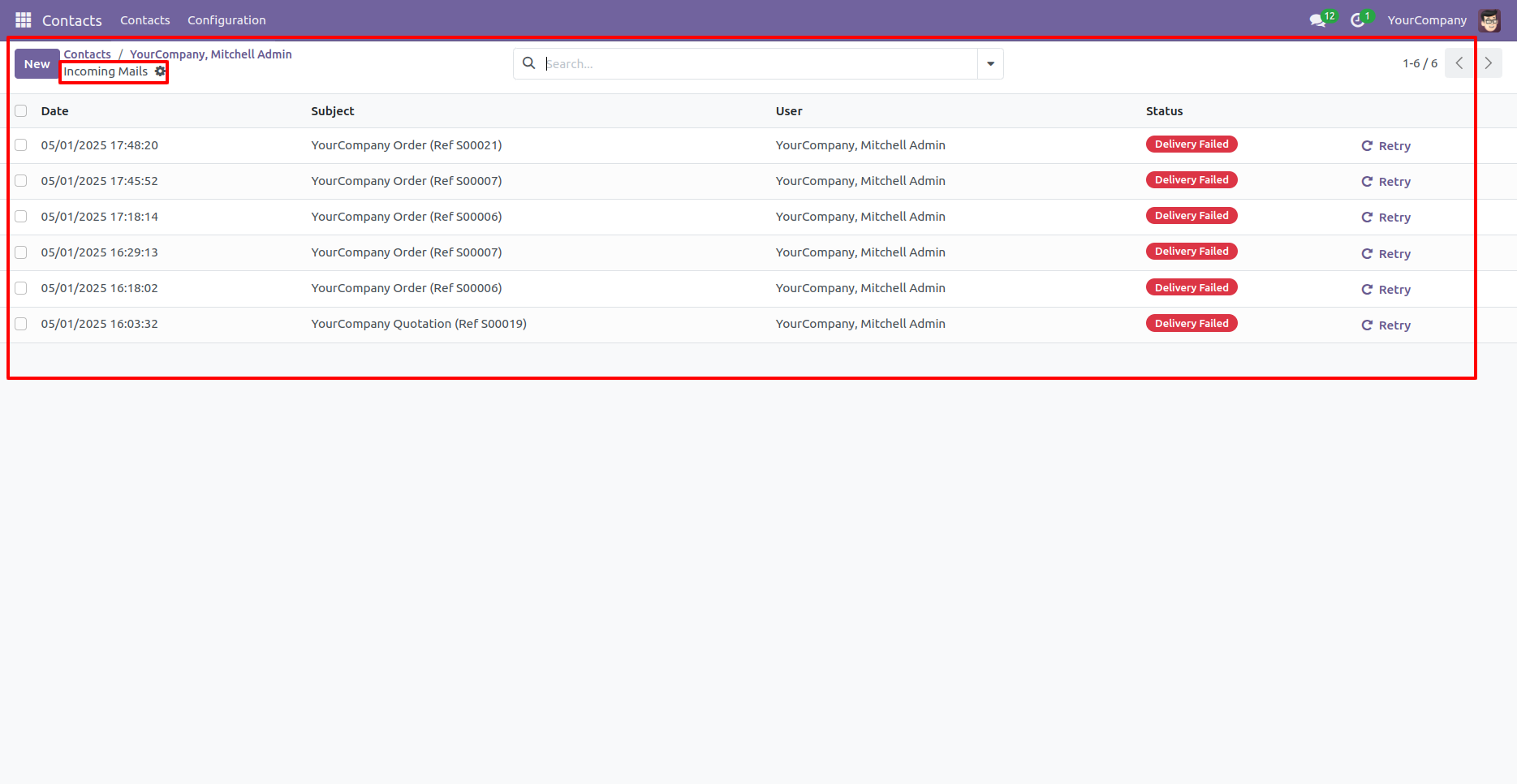 3.'Incoming' button click redirects to email list that are sent by this contact. 